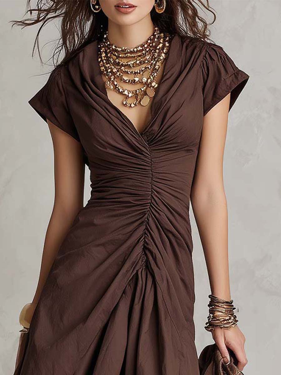 Vintage Boho Ruched Cotton Knit Midi Dress