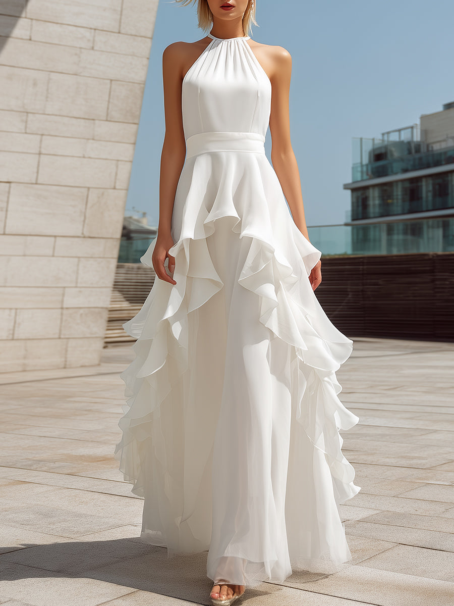 White Halter Layered Ruffle Maxi Dress