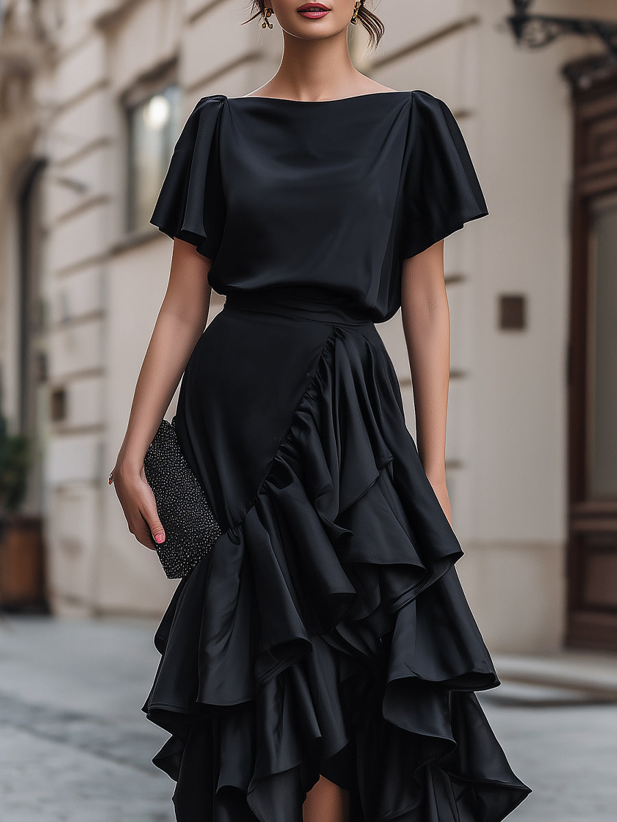Short Sleeve Asymmetric Ruffle Midi Dress