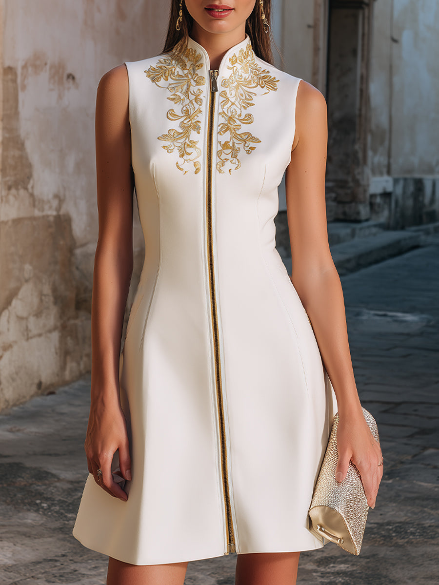 Embroidered Stand-Collar Zip-Front Sleeveless Midi Dress