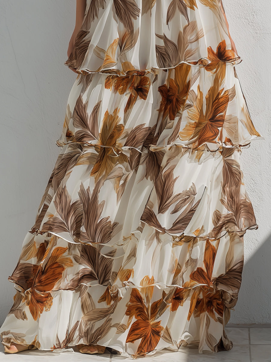 Floral Halter Tiered Maxi Dress With Soft Ruffle Layers