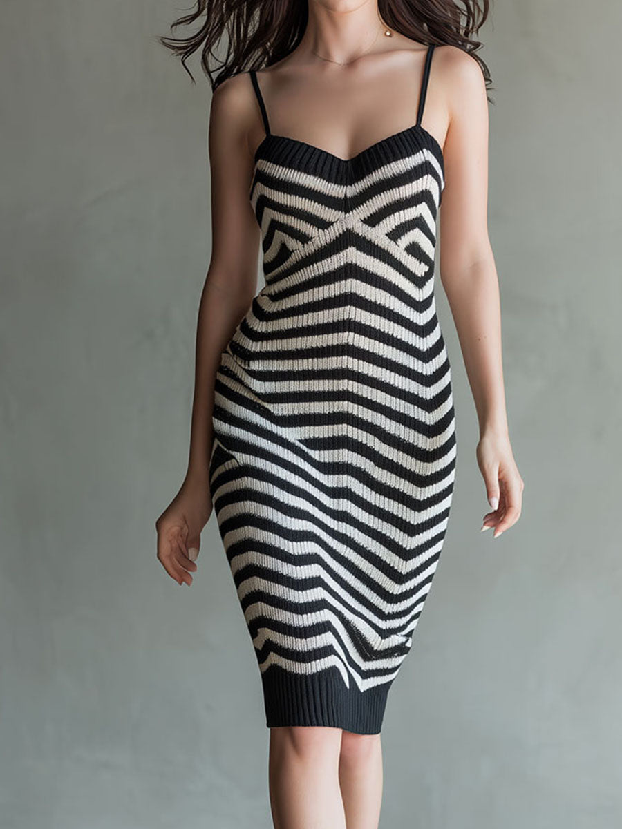 Retro Elegant Black And White Geometric Knit Midi Dress