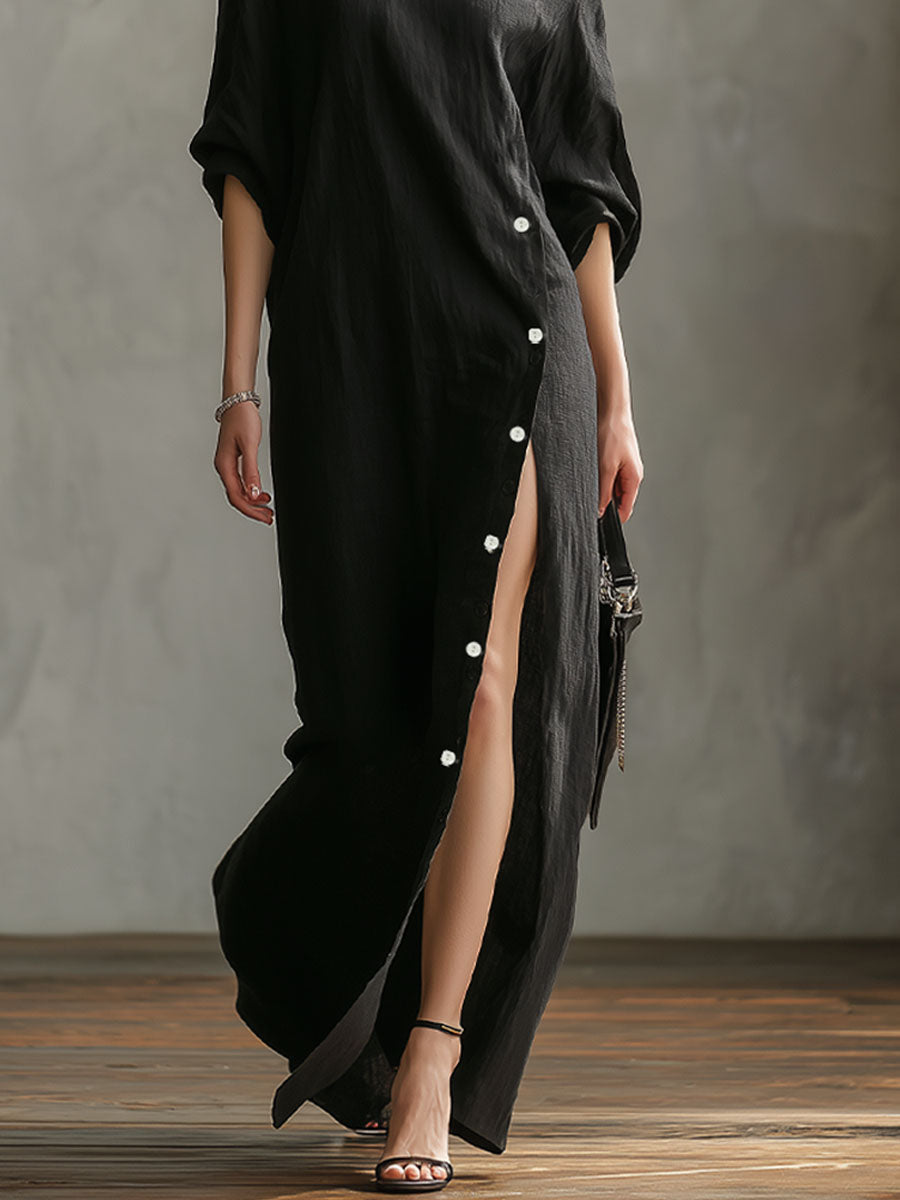 Slanted Neckline Off-the-shoulder Slit Buttons Maxi Dress
