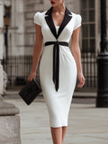 Short Sleeve Notched Collar Belted Pencil Dress With Contrast Trim