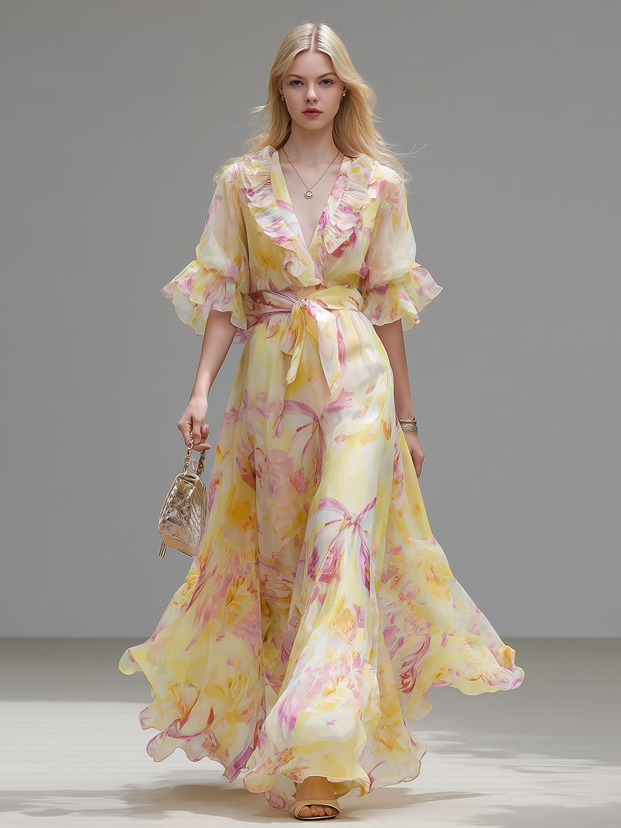Elegant And Comfortable V-neck Ruffled Short-sleeved Long Dress
