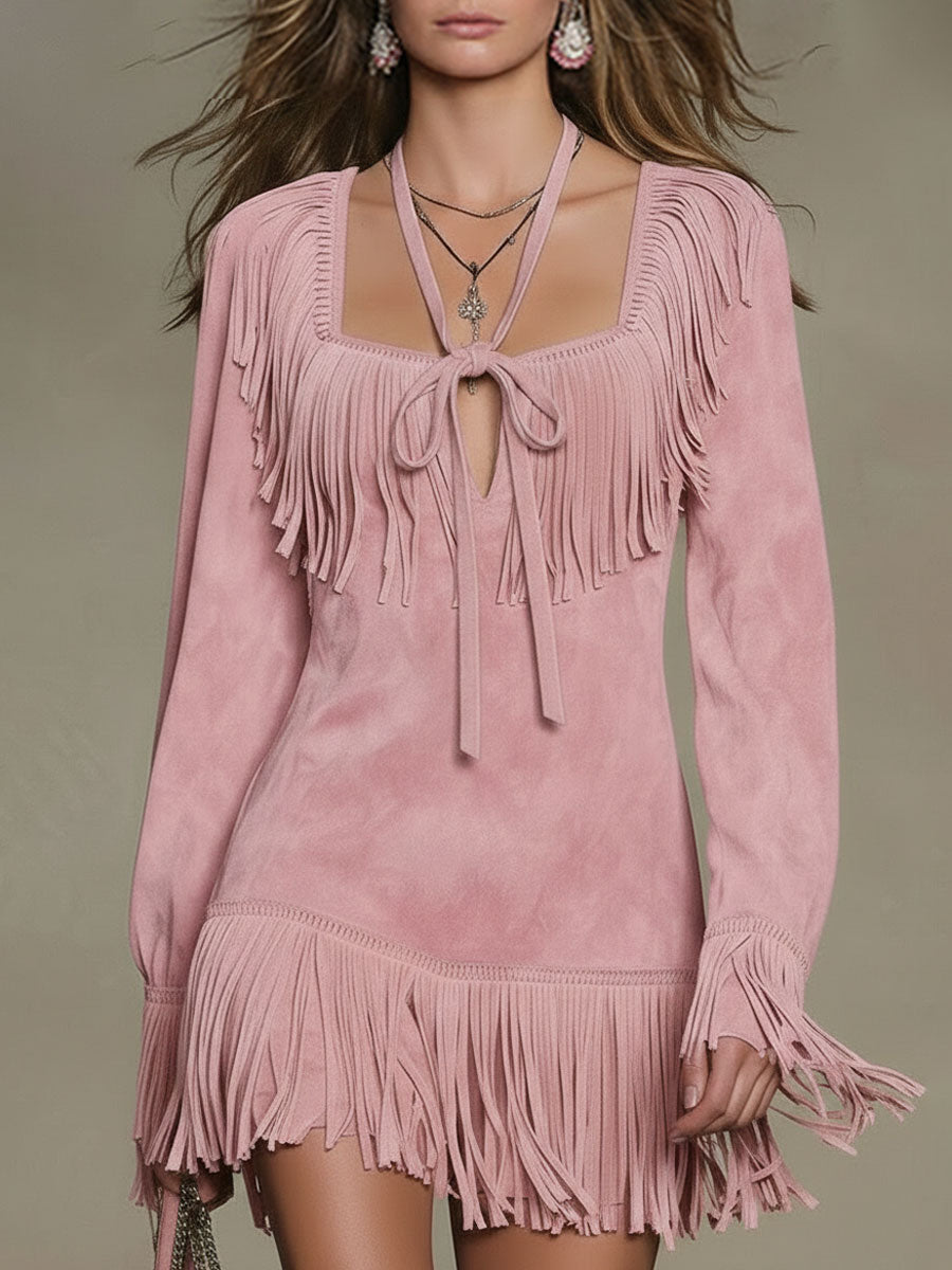 Western Retro Pink Faux Suede Tassel Long-Sleeved Mini Dress