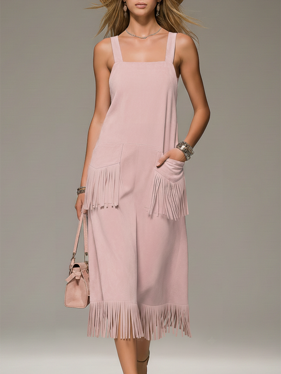 Elegant And Comfortable Square-neck Sleeveless Fringed Faux Suede Midi Dress