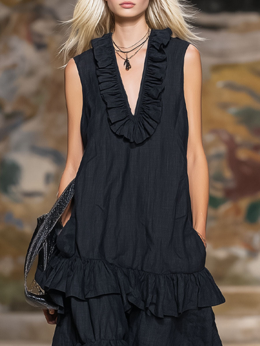 V-neck Ruffled Double-pocket Cotton-linen Sleeveless Maxi Dress