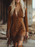 Western Style Tassel Brown Faux Suede Long Seleve Mini Dress