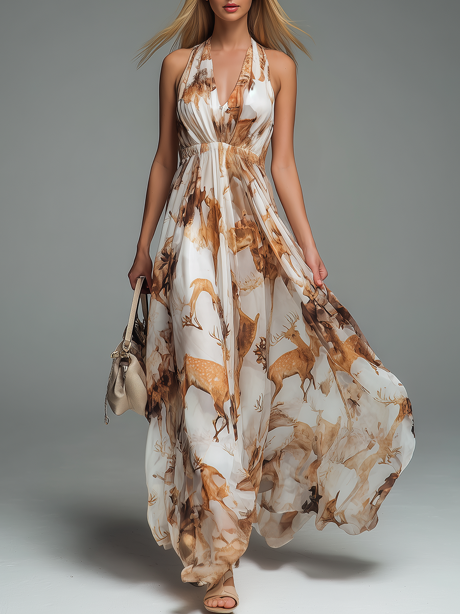 Stylish And Elegant V-neck Sleeveless Printed Chiffon Maxi Dress