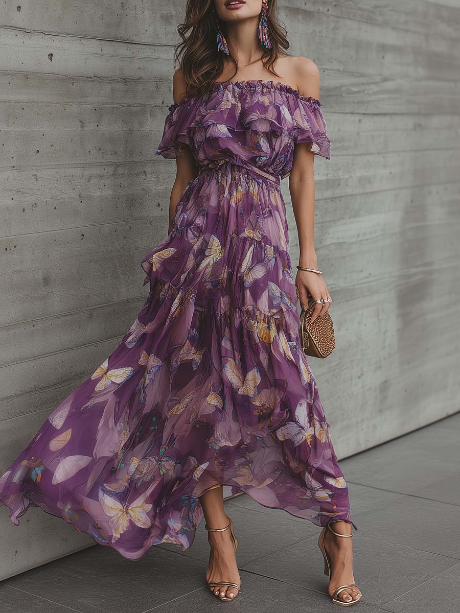 Romantic Boho Off-Shoulder Butterfly Print Maxi Dress