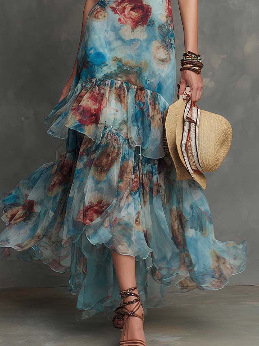 Boho-Vintage Elegant Floral Chiffon Ruffle Maxi Dress
