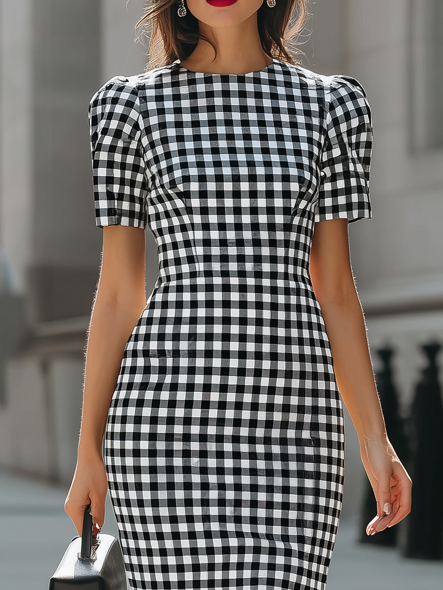 Black & White Gingham Puff Sleeve Midi Sheath Dress