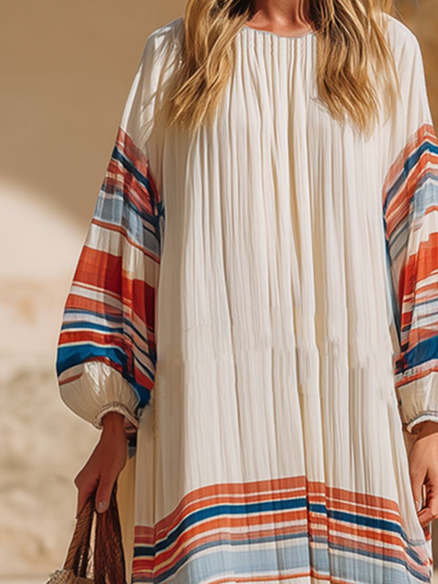 Retro Color-blocked Striped Print Off-white Chiffon Loose-fitting Long-sleeved Maxi Dress
