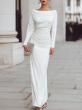 Draped Boat Neck Ruched Waist Maxi Dress