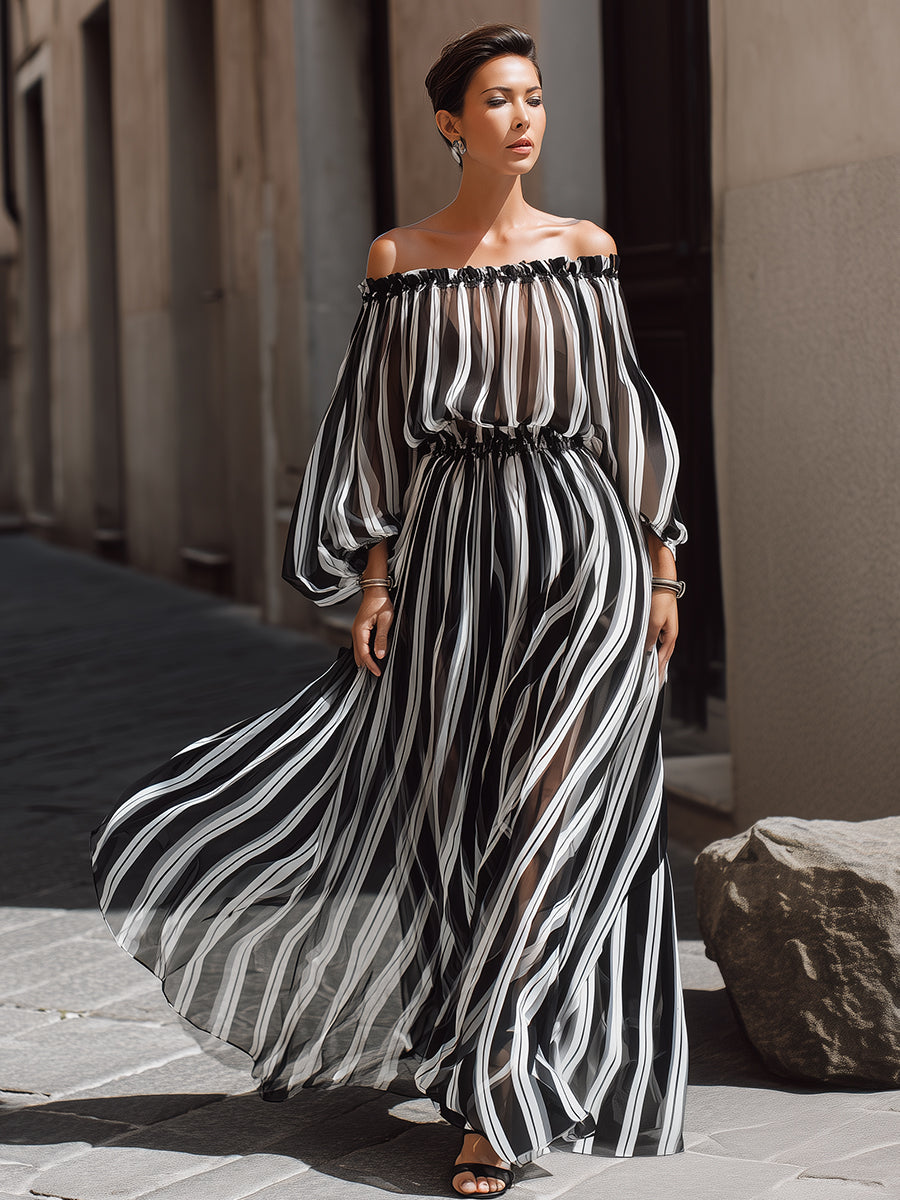 Elegant Off-the-Shoulder Vertical Stripe Chiffon Maxi Dress
