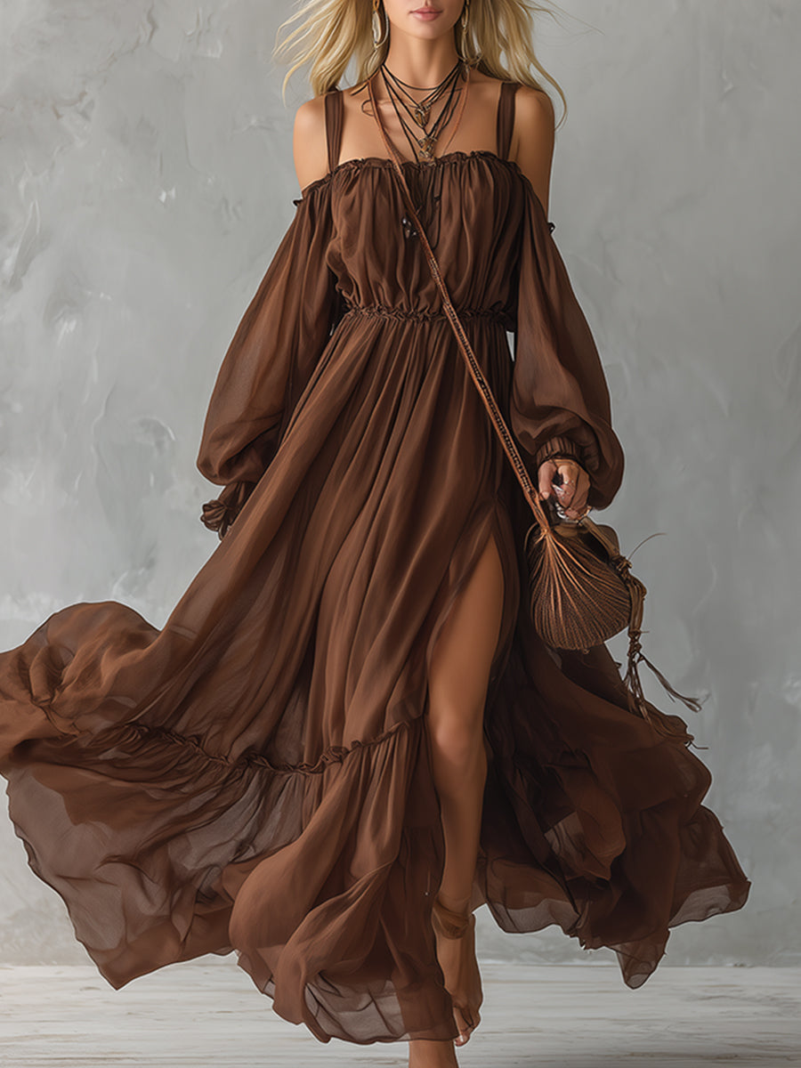 Classic And Elegant Brown Chiffon Off-the-shoulder Long-sleeved Maxi Dress