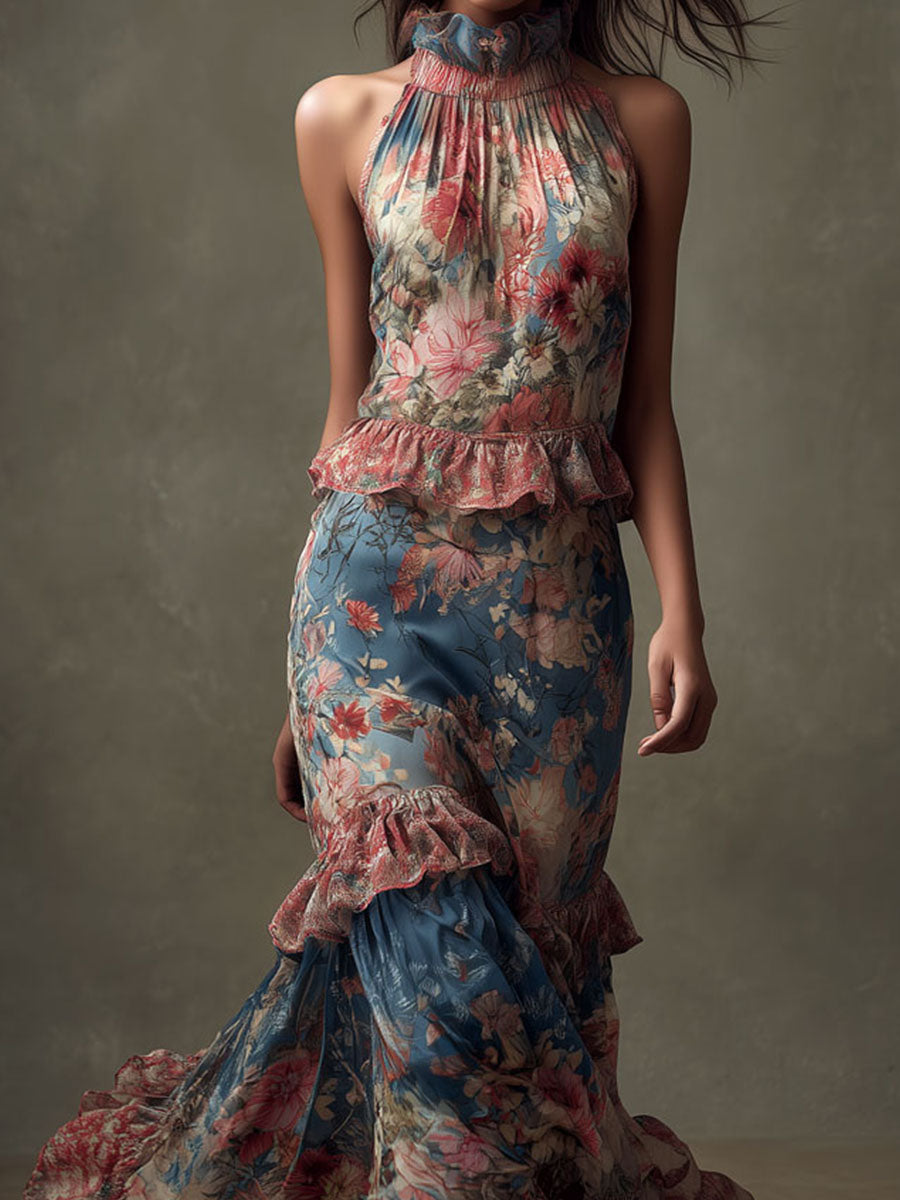 Romantic Floral Halter Sheer Ruffled Gown Maxi Dress