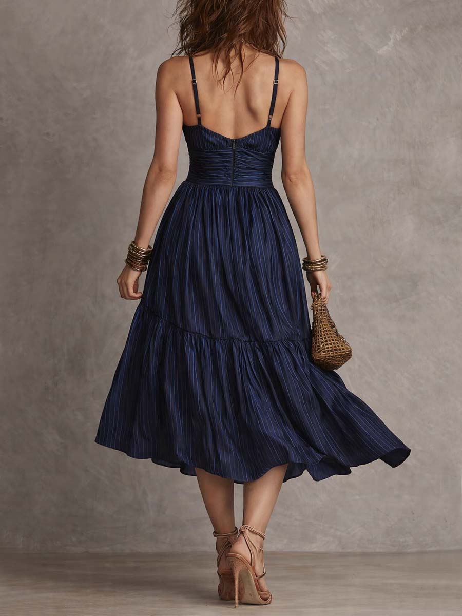 Vintage Boho Striped Ruched Midi Dress