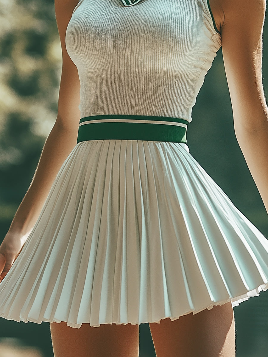 ¡¾24-hour shipping out¡¿Fashionable Preppy Style White And Green Contrast Striped Sleeveless Mini Dress