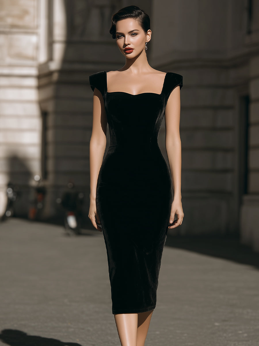 Vintage Glamour Velvet Midi Dress ¨C Square Neck Bodycon With Cap Sleeves