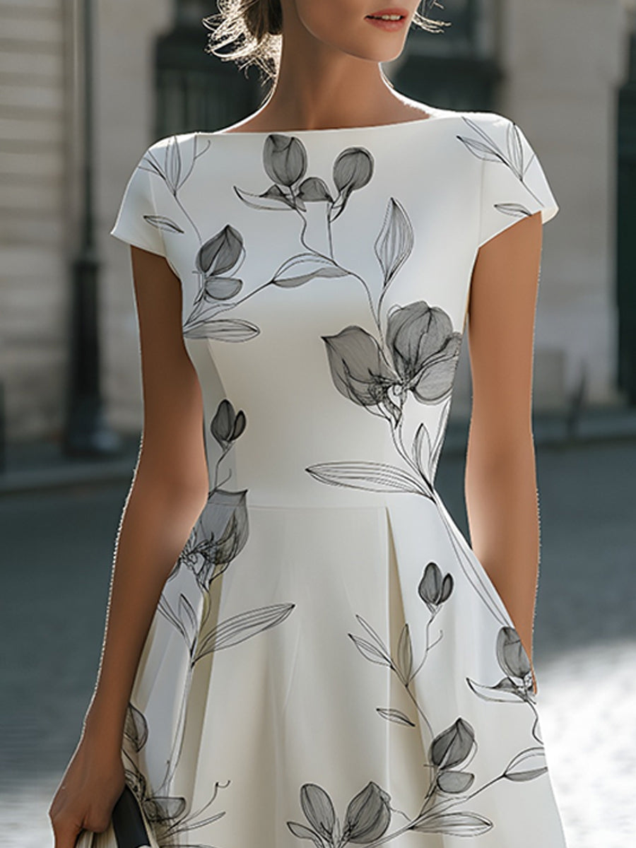 Floral Sketch Print Cap Sleeve Midi Dress