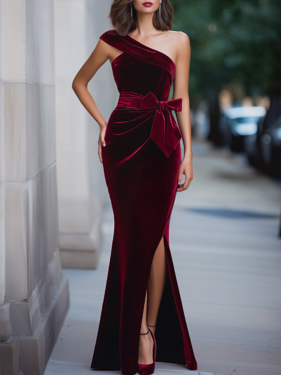 One-Shoulder Velvet Evening Dress With Waist Bow