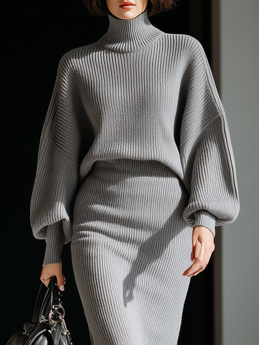 Gray Ribbed Turtleneck Batwing Sweater Dress