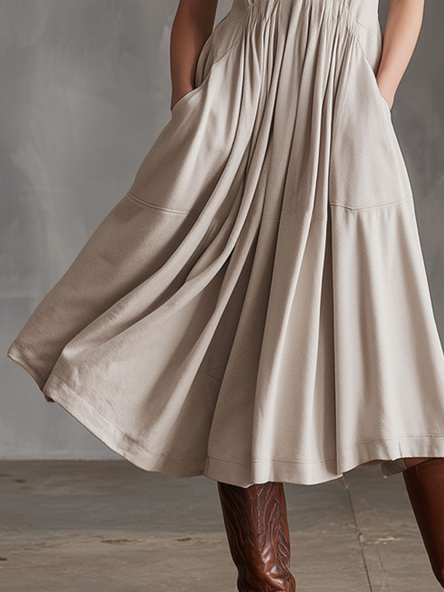 Sporty Retro Apricot Sleeveless A-line Midi Dress