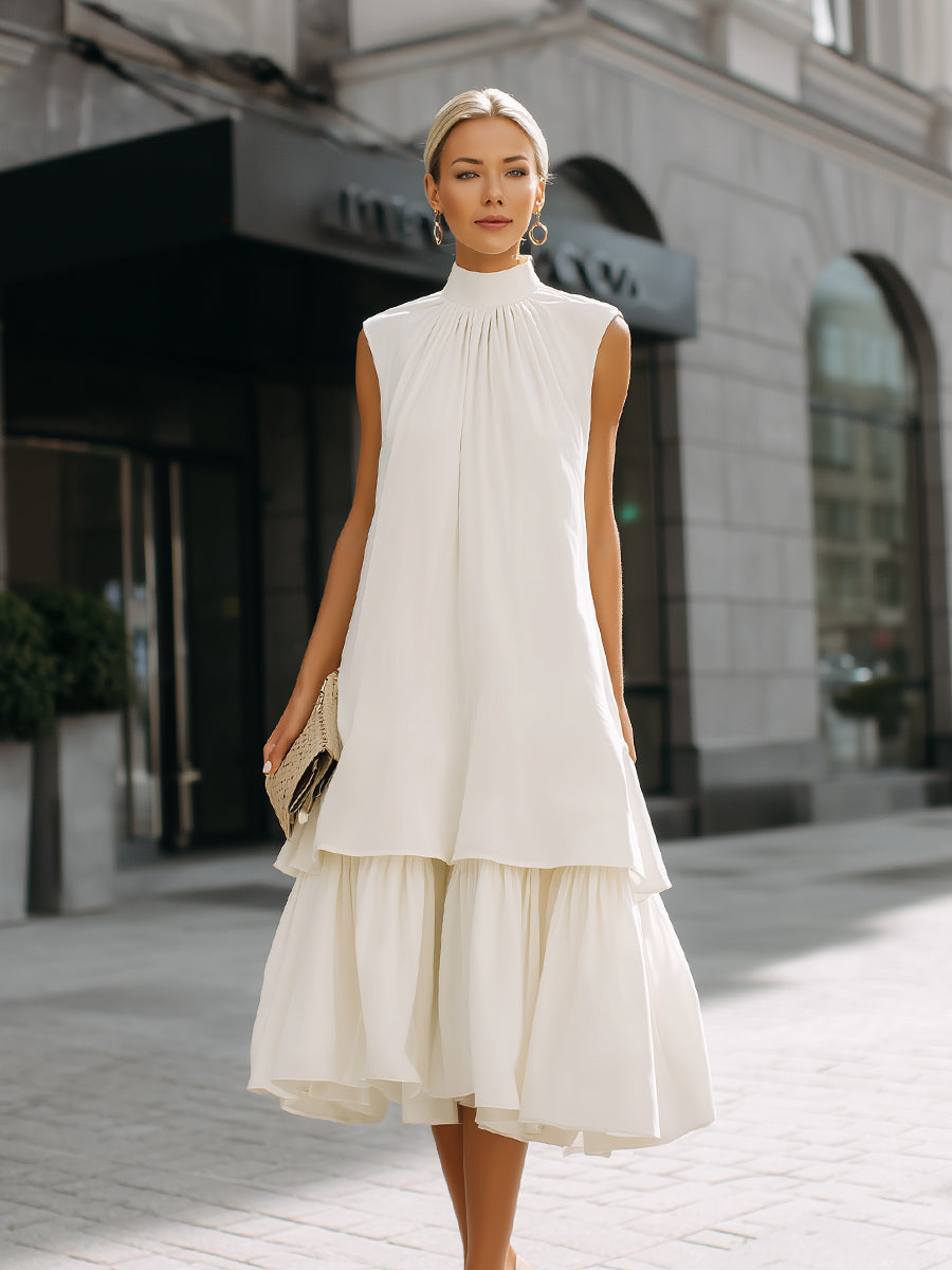 High Neck Layered Hem Midi Dress