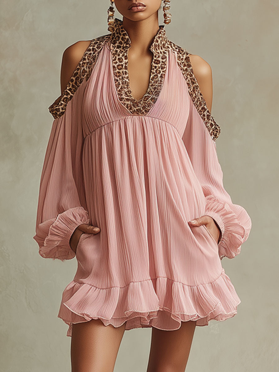 Vintage Leopard Print Pleated Pink Chiffon Openwork Long-sleeved Mini Dress