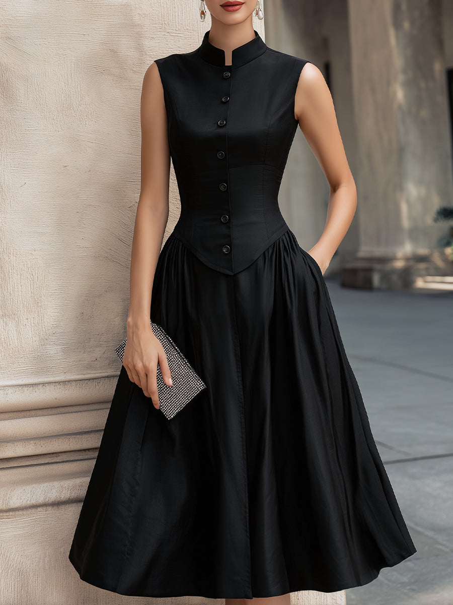 Sleeveless Buttoned Waist-Defined Midi Dress