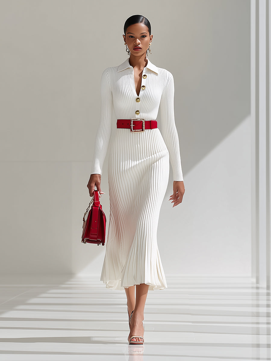 ¡¾24-hour shipping out¡¿White Wool Lapel Button Design Maxi Dress