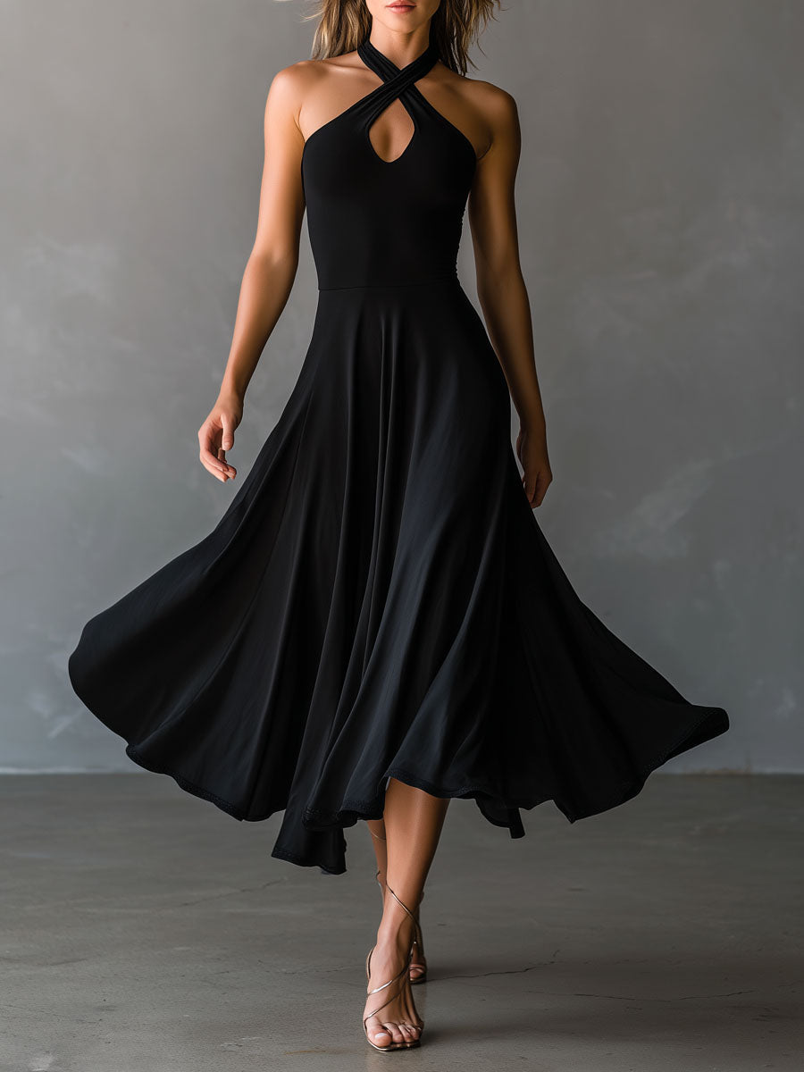Retro Elegant Black Keyhole Halter Neck A-Line Midi Dress