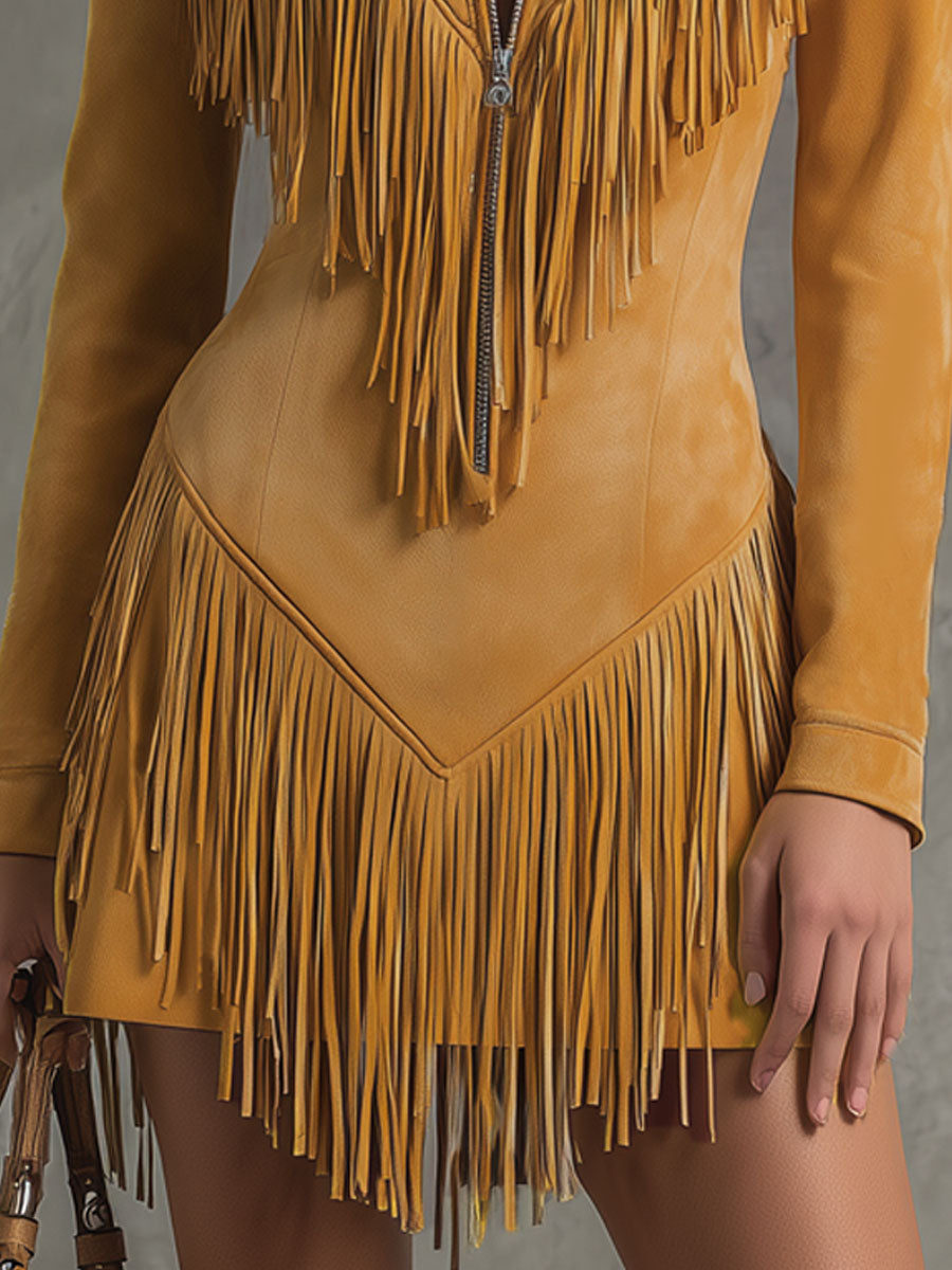 Stand-collar Zippered Fringed Faux Suede Long-sleeved Mini Dress