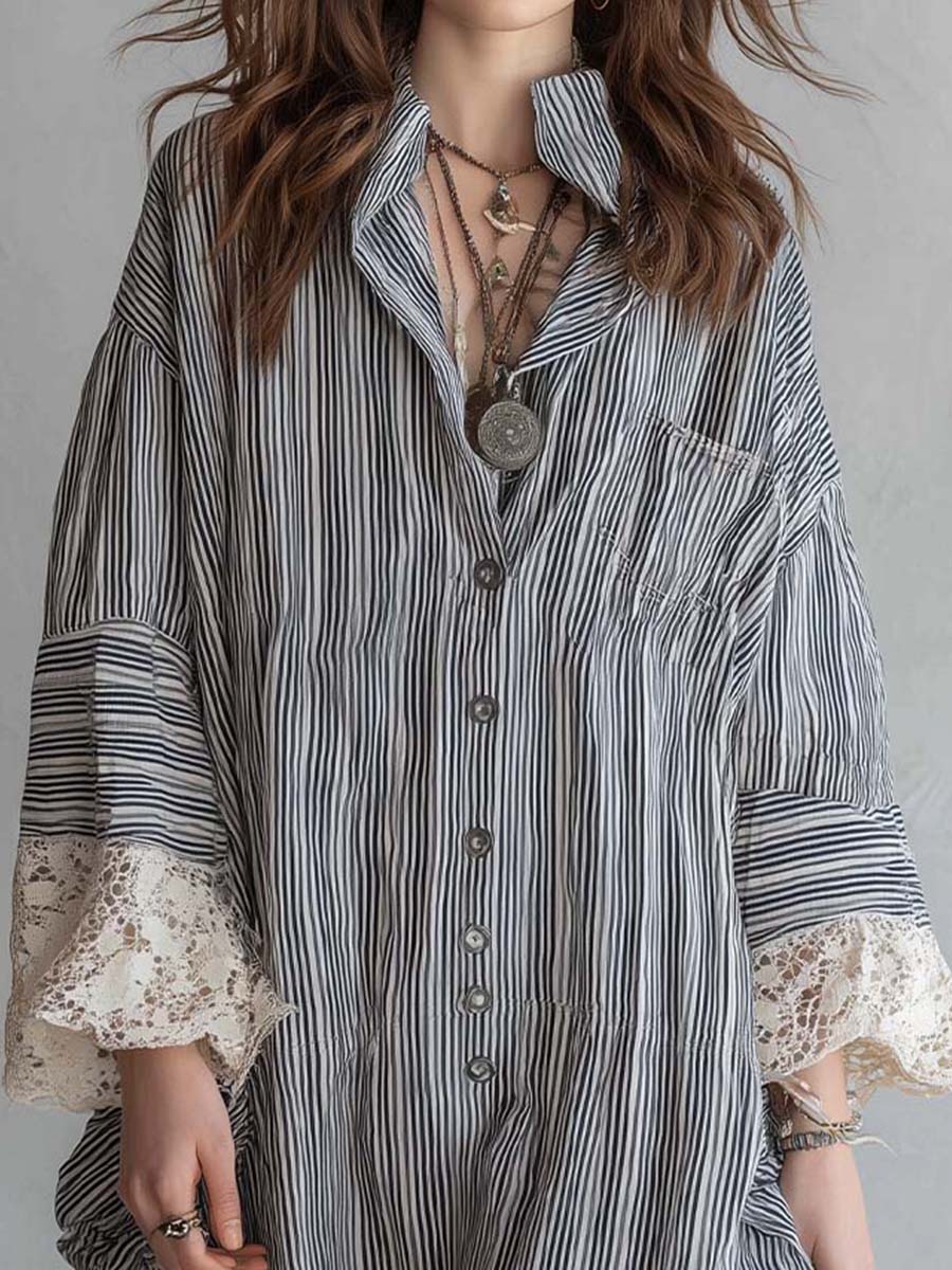 Bohemian Casual Striped Button Shirt Dress With Lace Trim