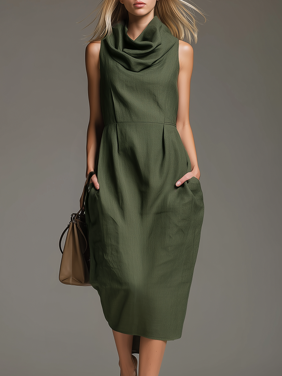 Casual And Stylish Sleeveless Cowl Neck And Pockets Midi Dress
