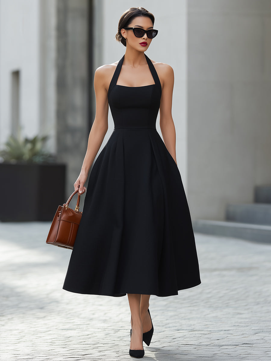 Black Halter Neck Fit-and-Flare Midi Dress