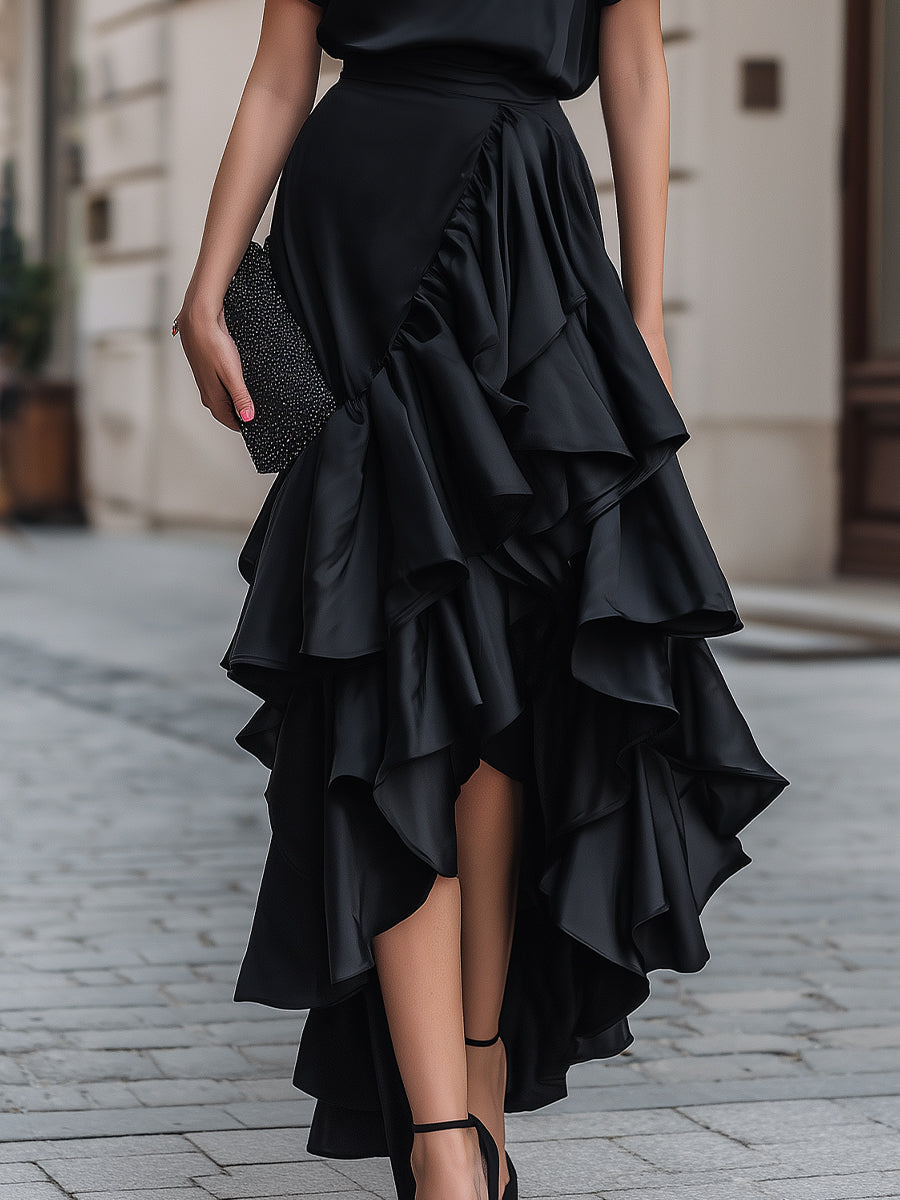 Short Sleeve Asymmetric Ruffle Midi Dress