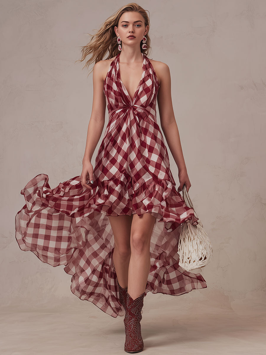 Elegant Resort-style Red Classic Plaid Halter V-neck Chiffon Maxi Dress