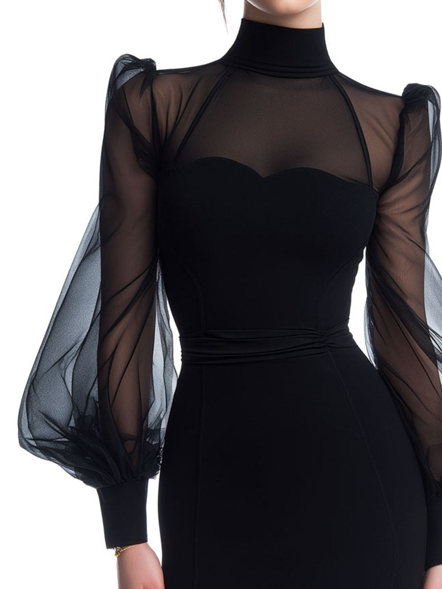 Retro Elegant High Neck Black Sheer Puff Sleeve Mini Dress