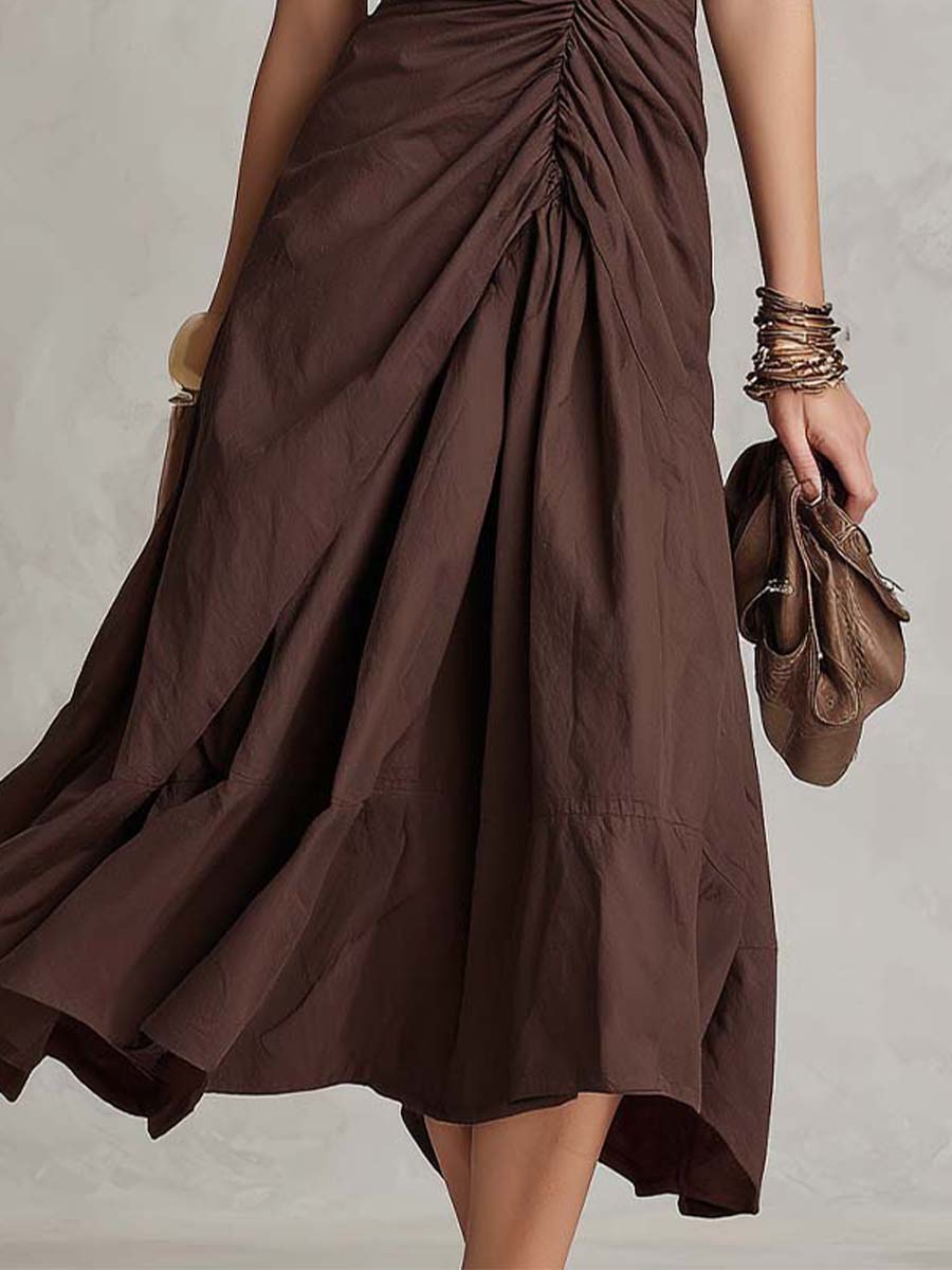 Vintage Boho Ruched Cotton Knit Midi Dress
