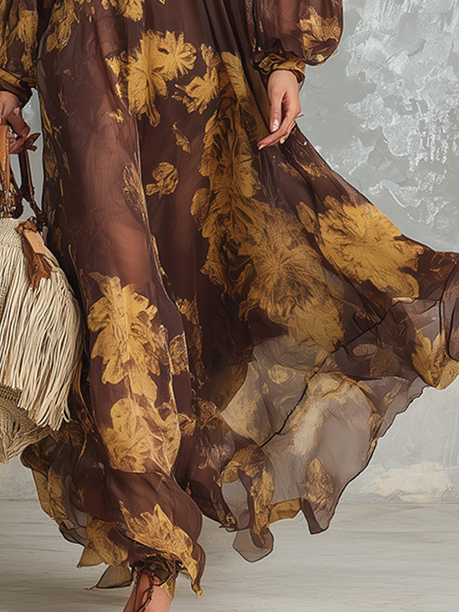 Elegant And Romantic Brown Chiffon Printed Long-sleeved Maxi Dress