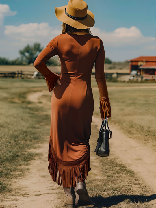 Western Retro Brick Red Cotton Long Sleeve Tassel Maxi Dress