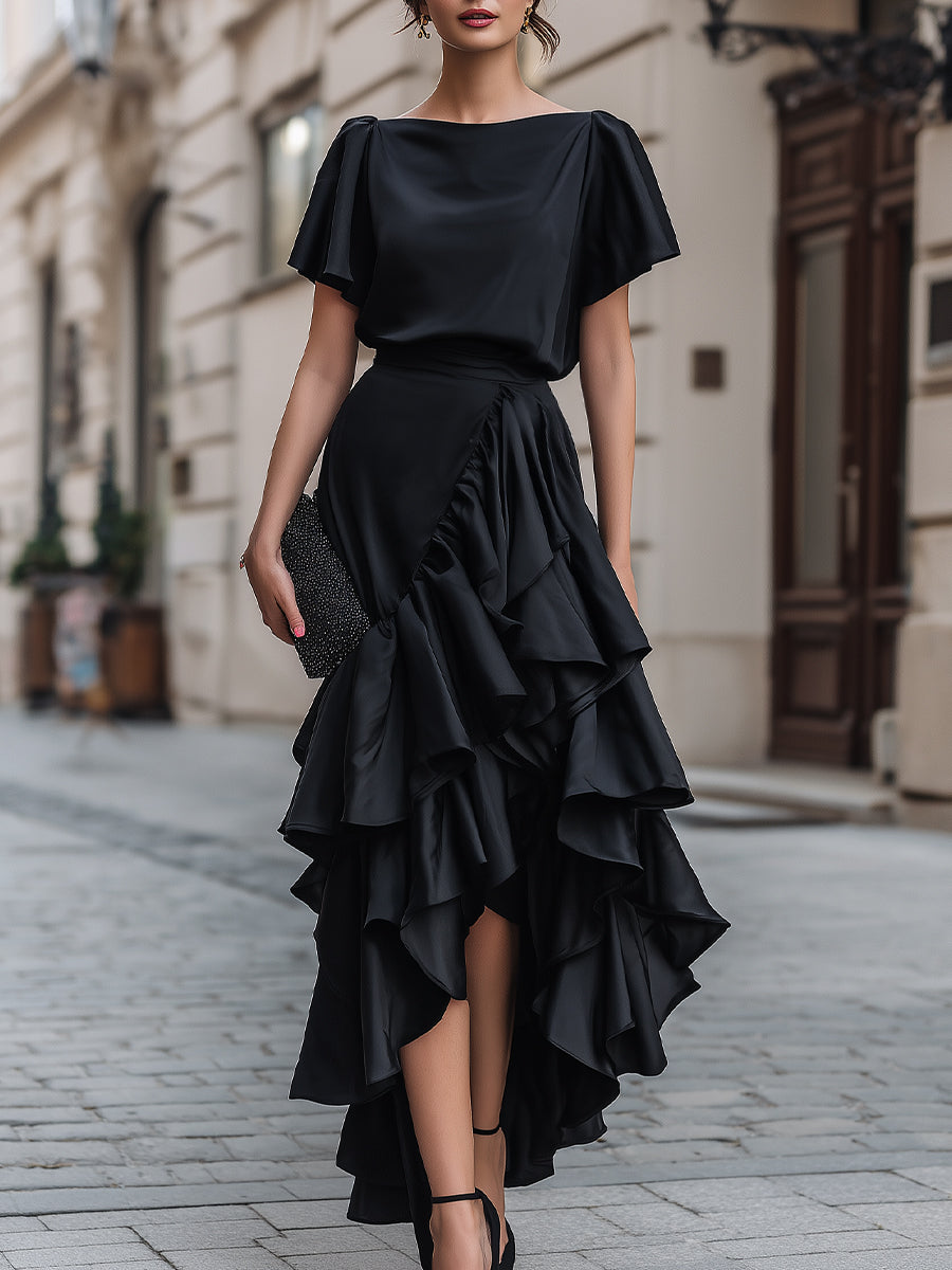 Short Sleeve Asymmetric Ruffle Midi Dress
