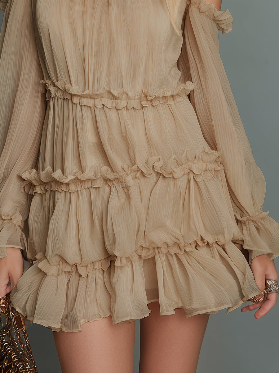 Vintage Elegant Stand-collar Long-sleeved Ruffled Chiffon Mini Dress