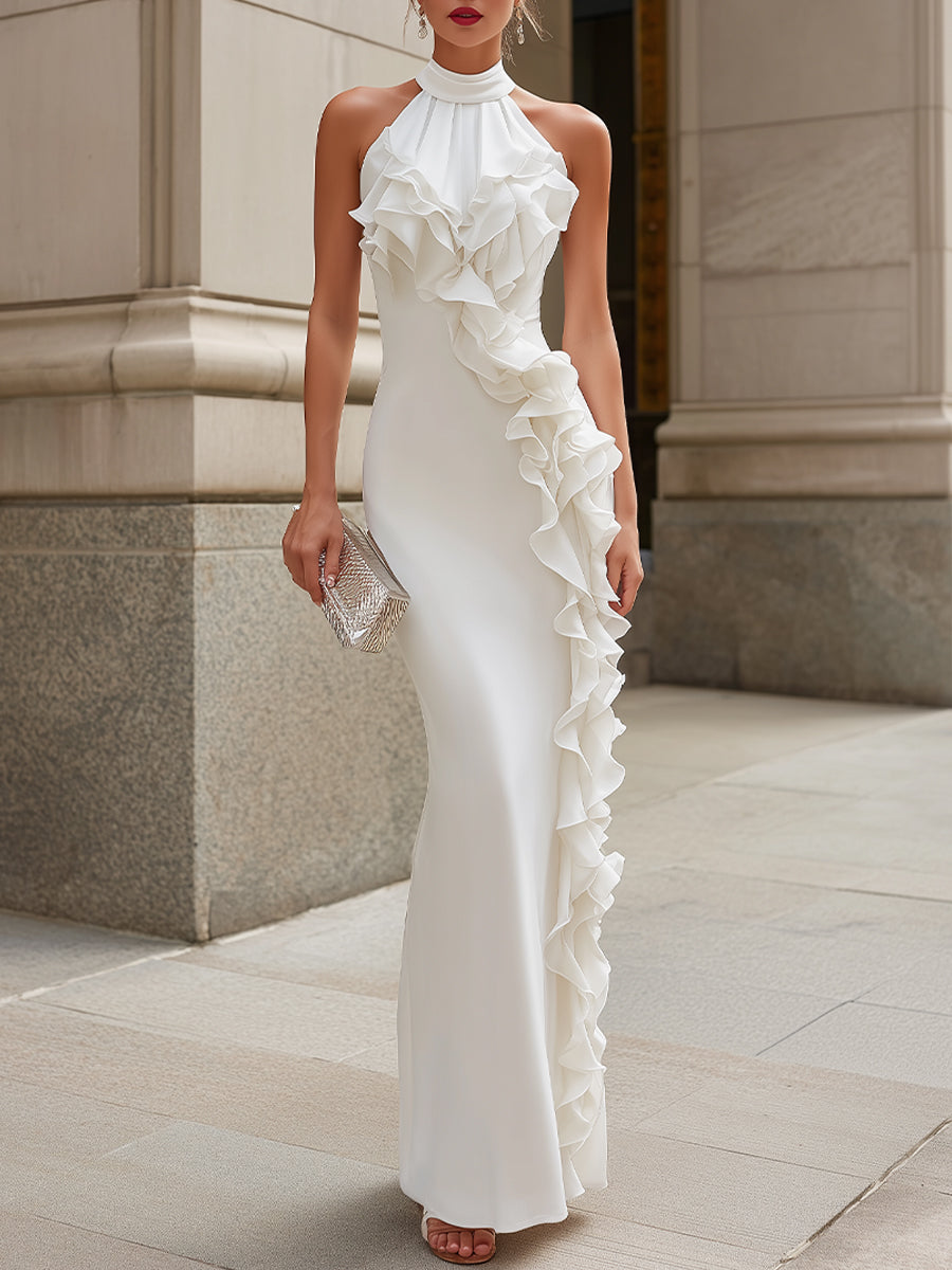 Halter Neck Ruffle Trim Maxi Dress