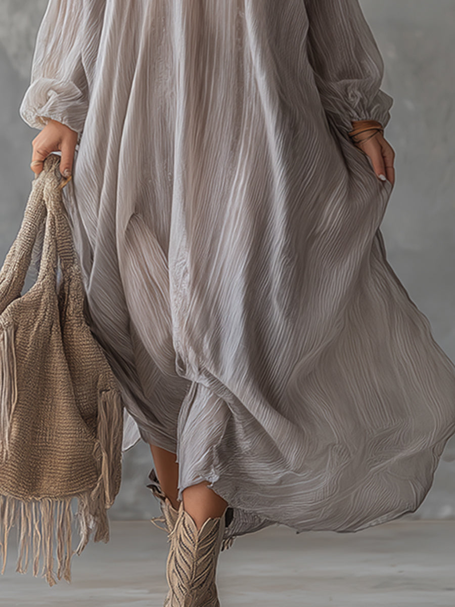 Lazy And Elegant V-neck Light Gray Crinkled Chiffon Maxi Dress