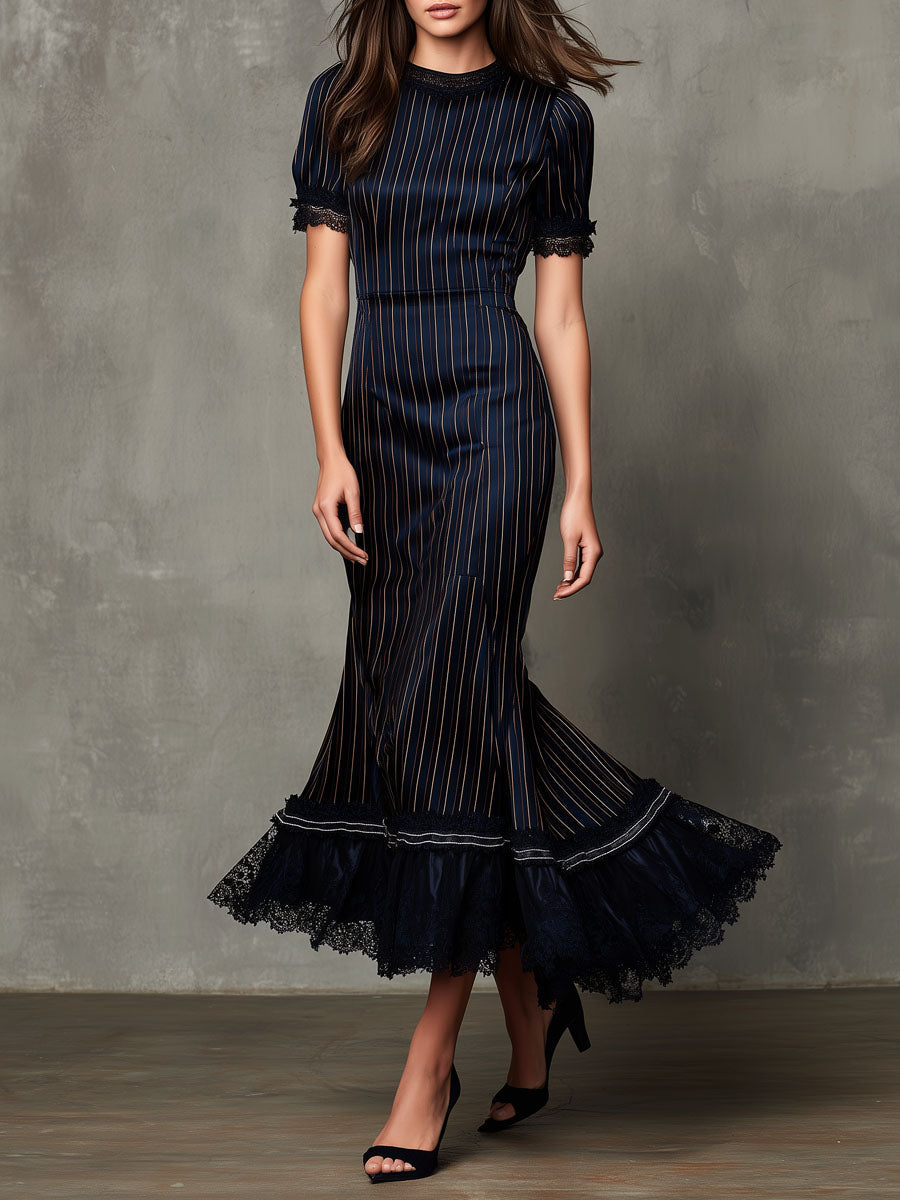 Retro Elegant Navy Pinstripe Mermaid Midi Dress With Lace Trim
