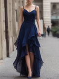 Spaghetti Strap Asymmetric Ruffle High-Low Evening Dress